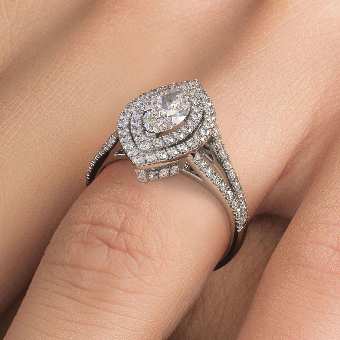 Marquise Shape Double Halo Micropave Split Shank Diamond Engagement Ring Setting (Center Stone Not Included)