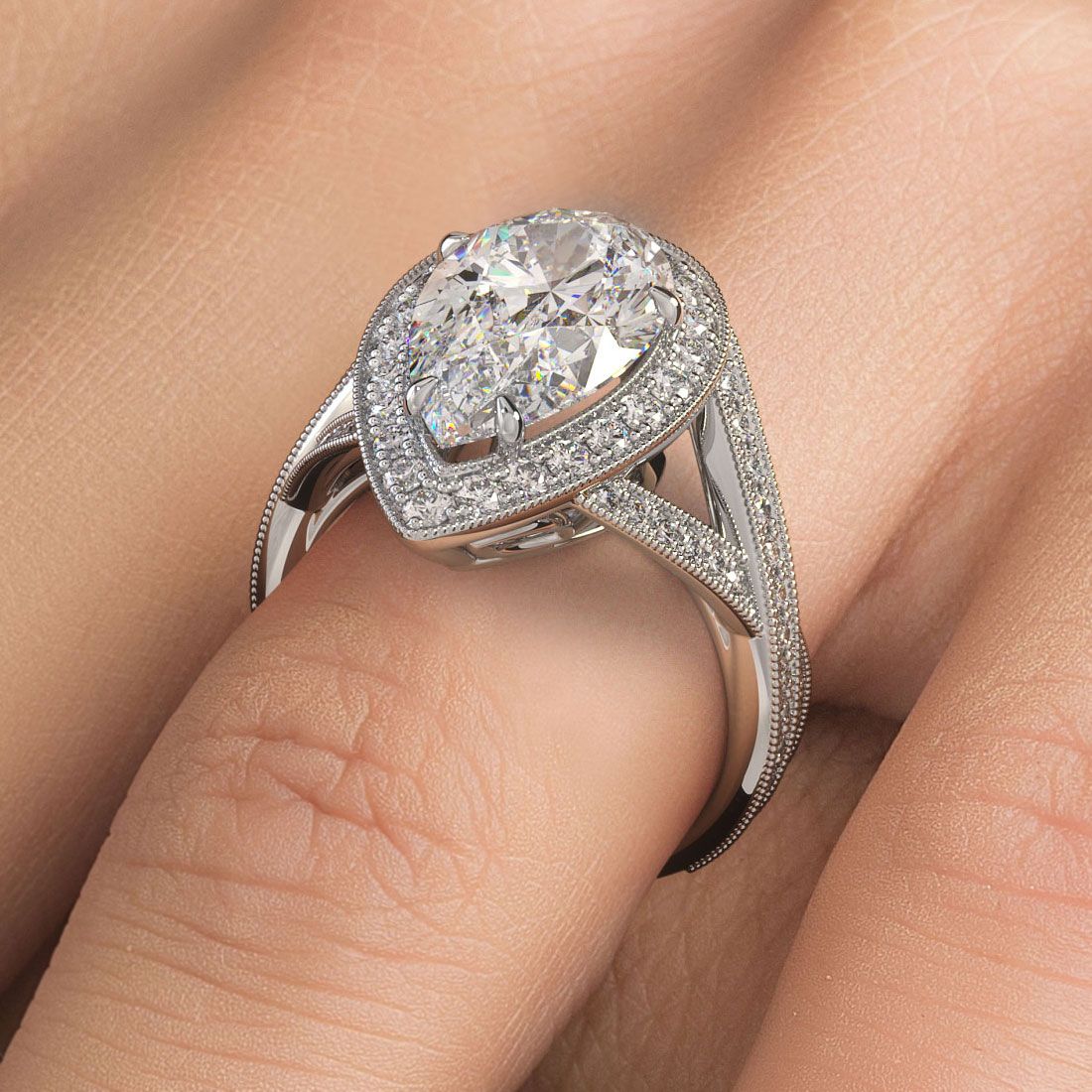 Pear Shape Halo Micropave Milgrain Infinity Twist Shank Diamond Engagement Ring Setting (Center Stone Not Included)