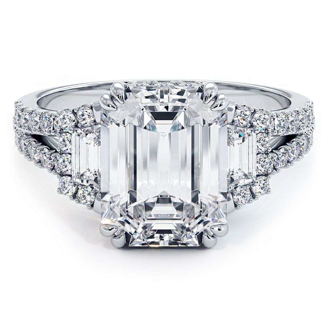 Emerald Cut Center, Double Prongs, Three Stone Split Shank Diamond Engagement Ring Setting (Center Stone Not Included)