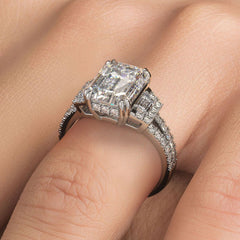 Emerald Cut Center, Double Prongs, Three Stone Split Shank Diamond Engagement Ring Setting (Center Stone Not Included)