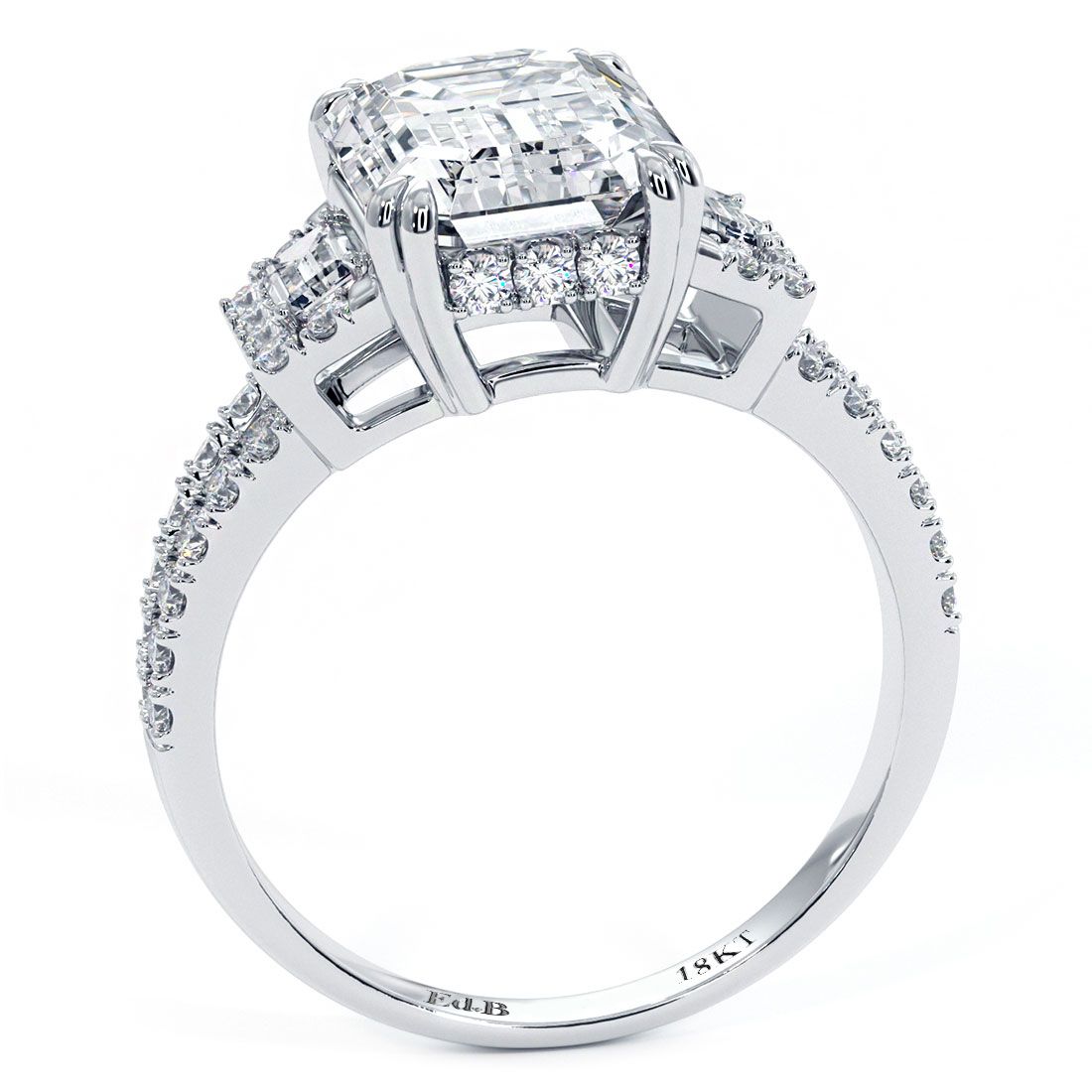 Emerald Cut Center, Double Prongs, Three Stone Split Shank Diamond Engagement Ring Setting (Center Stone Not Included)