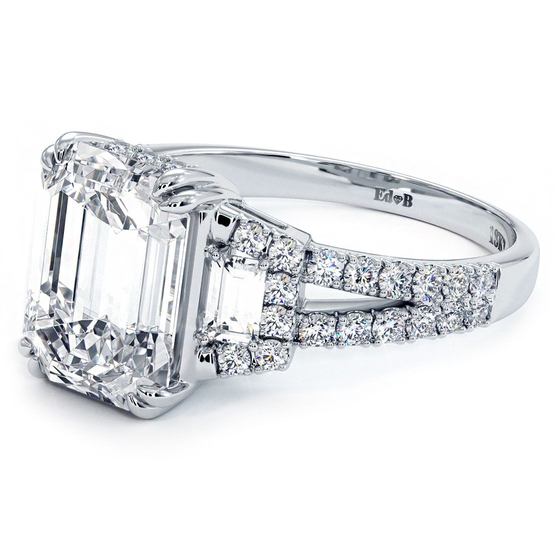 Emerald Cut Center, Double Prongs, Three Stone Split Shank Diamond Engagement Ring Setting (Center Stone Not Included)