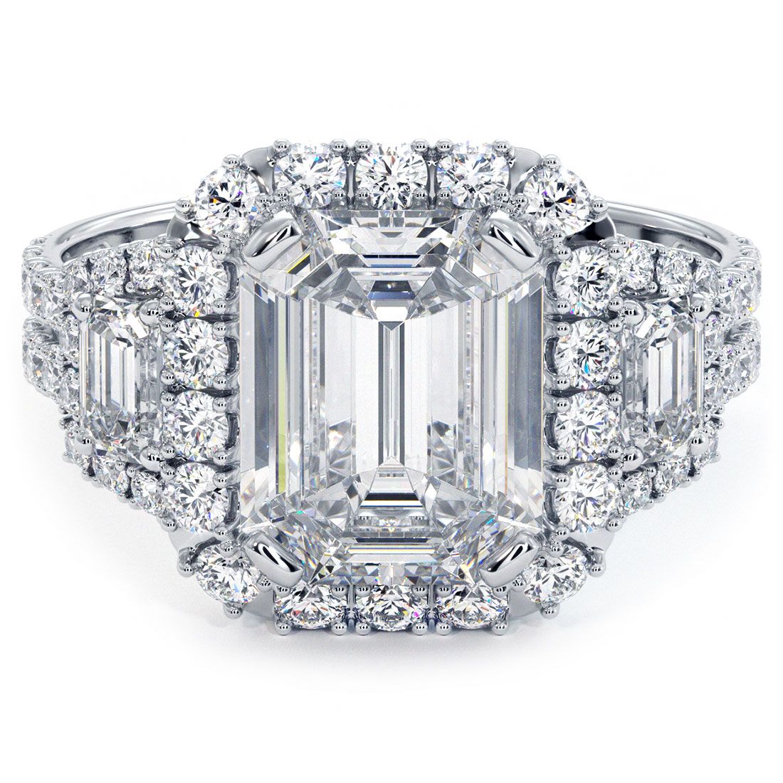 Emerald Cut Halo With Two Trapezoids On Sides Micropave Diamond Engagement Ring Setting (Center Stone Not Included)