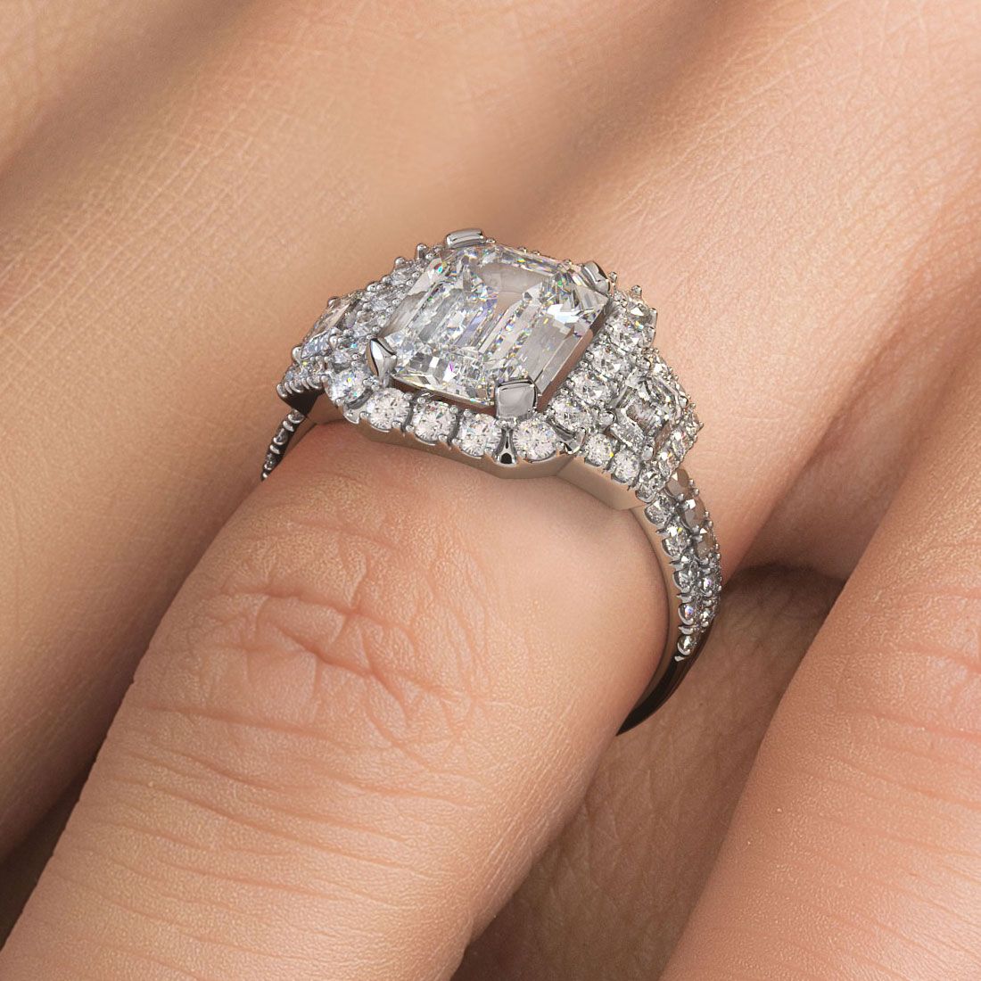 Emerald Cut Halo With Two Trapezoids On Sides Micropave Diamond Engagement Ring Setting (Center Stone Not Included)