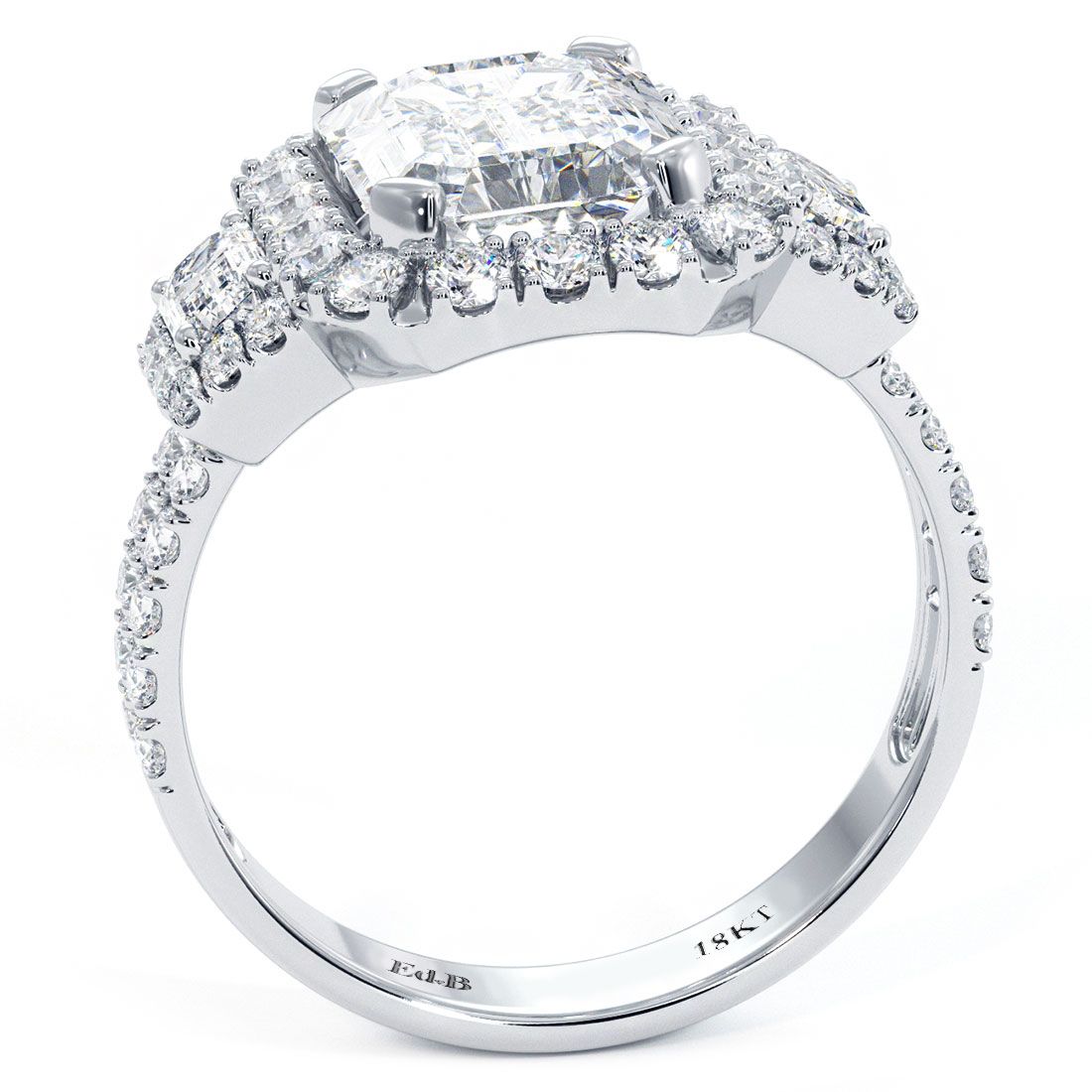 Emerald Cut Halo With Two Trapezoids On Sides Micropave Diamond Engagement Ring Setting (Center Stone Not Included)