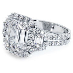 Emerald Cut Halo With Two Trapezoids On Sides Micropave Diamond Engagement Ring Setting (Center Stone Not Included)