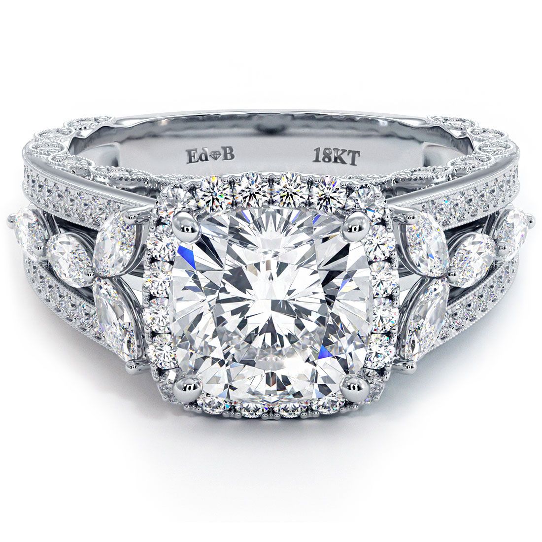 Cushion Halo, Micropave Vintage Style Milgrain Diamond Engagement Ring Setting (Center Stone Not Included)