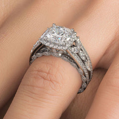 Cushion Halo, Micropave Vintage Style Milgrain Diamond Engagement Ring Setting (Center Stone Not Included)