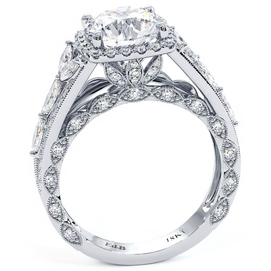 Cushion Halo, Micropave Vintage Style Milgrain Diamond Engagement Ring Setting (Center Stone Not Included)