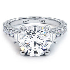 Round Center, Three Stone Micropave Diamond Engagement Ring Setting (Center Stone Not Included)