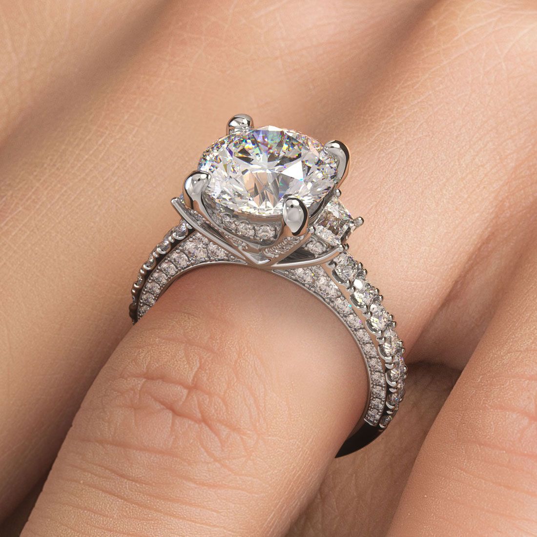 Round Center, Three Stone Micropave Diamond Engagement Ring Setting (Center Stone Not Included)