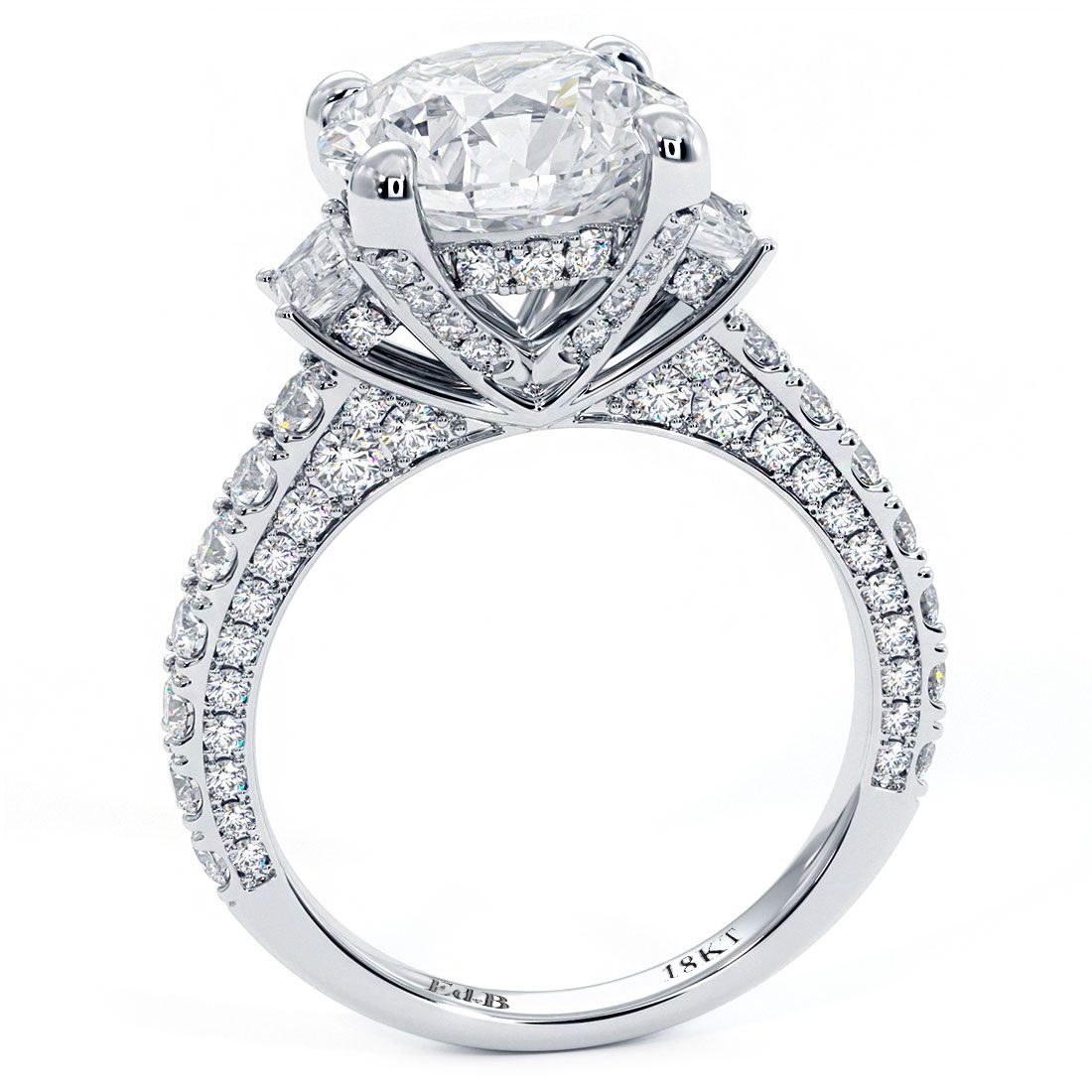 Round Center, Three Stone Micropave Diamond Engagement Ring Setting (Center Stone Not Included)