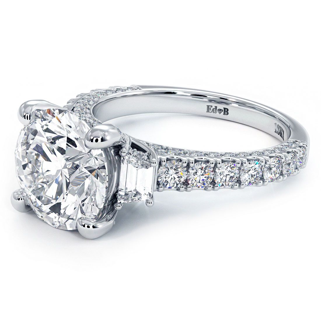 Round Center, Three Stone Micropave Diamond Engagement Ring Setting (Center Stone Not Included)