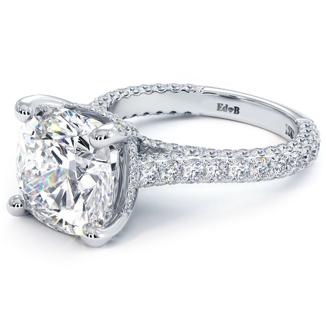 Cushion Center, 3 Sided Micropave Shank Diamond Engagement Ring Setting (Center Stone Not Included)