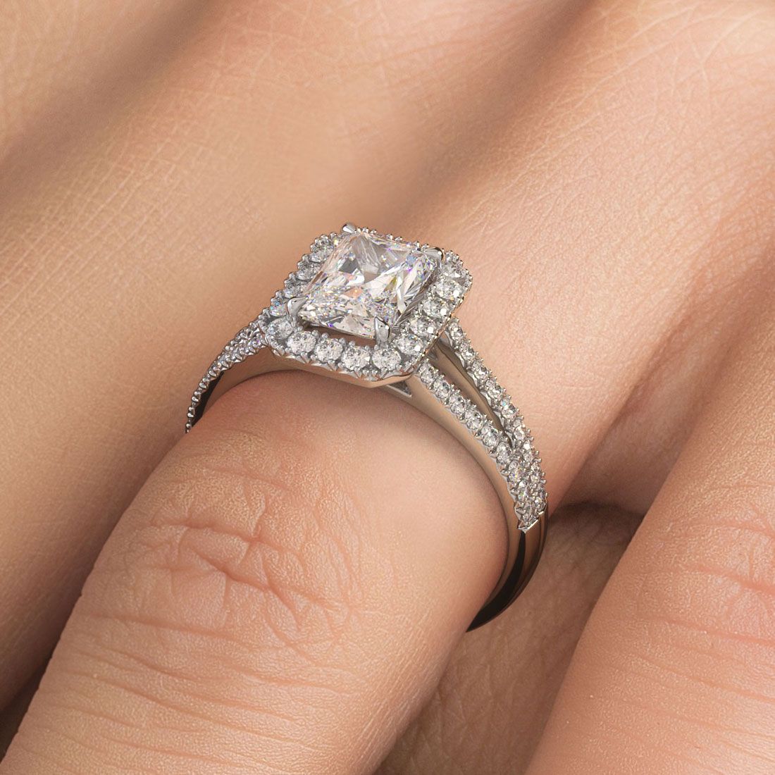 Radiant Cut Halo Split Shank Diamond Engagement Ring Setting (Center Stone Not Included)