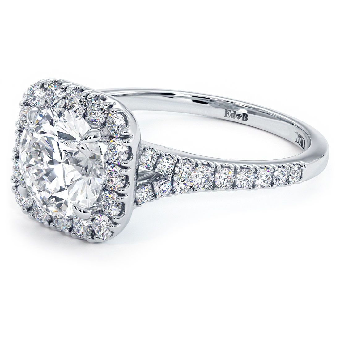 Cushion Halo With Round Center Split Shank Micropavé Diamond Engagement Ring Setting (Center Stone Not Included)