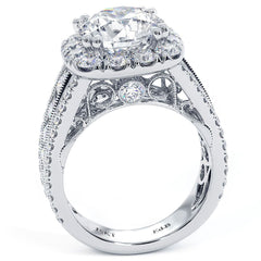 Cushion Halo With Round Center Diamond Vintage Milgrain Style Diamond Engagement Ring Setting (Center Stone Not Included)