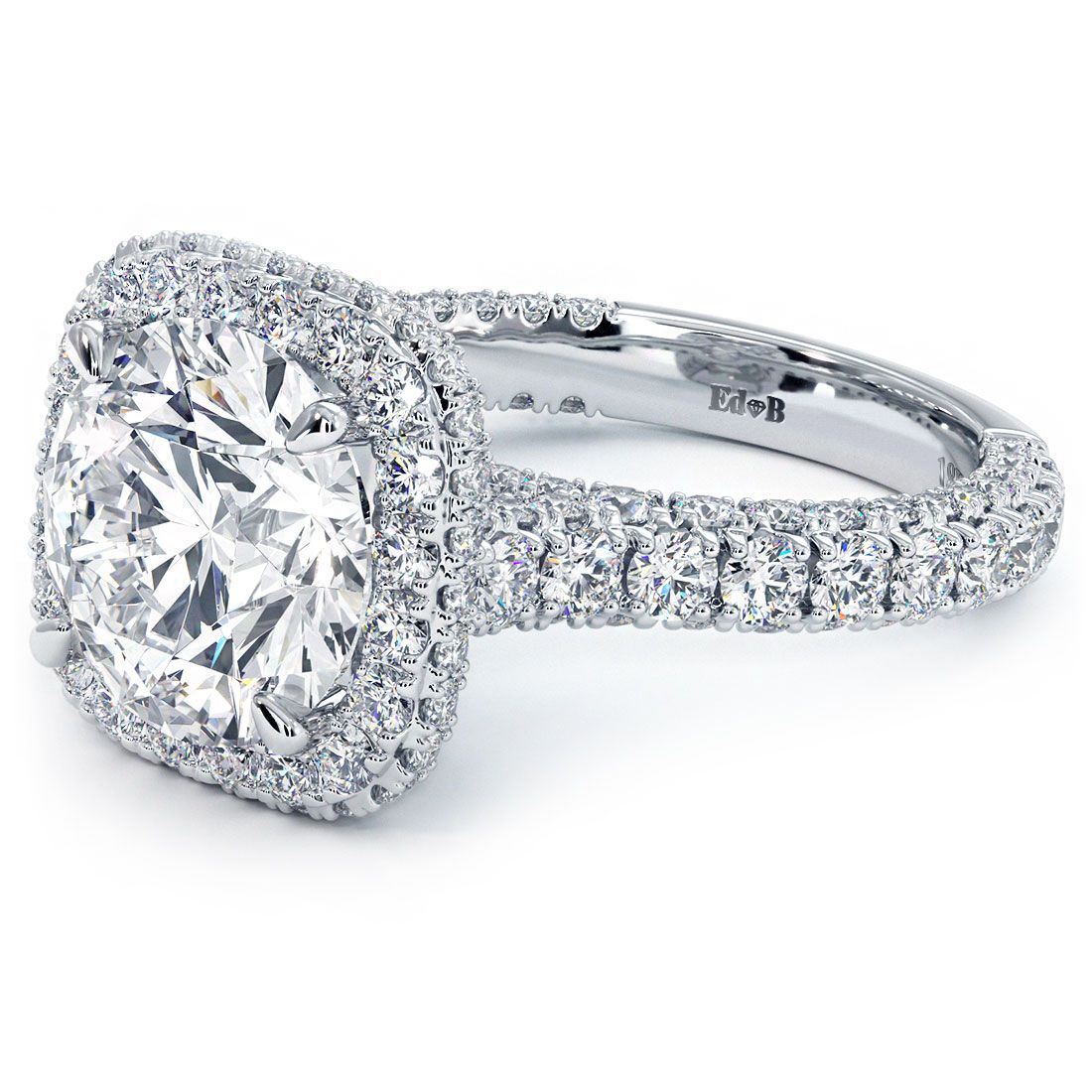 Cushion Halo With Round Center 3 Sided Micropavé Shank Diamond Engagement Ring Setting (Center Stone Not Included)