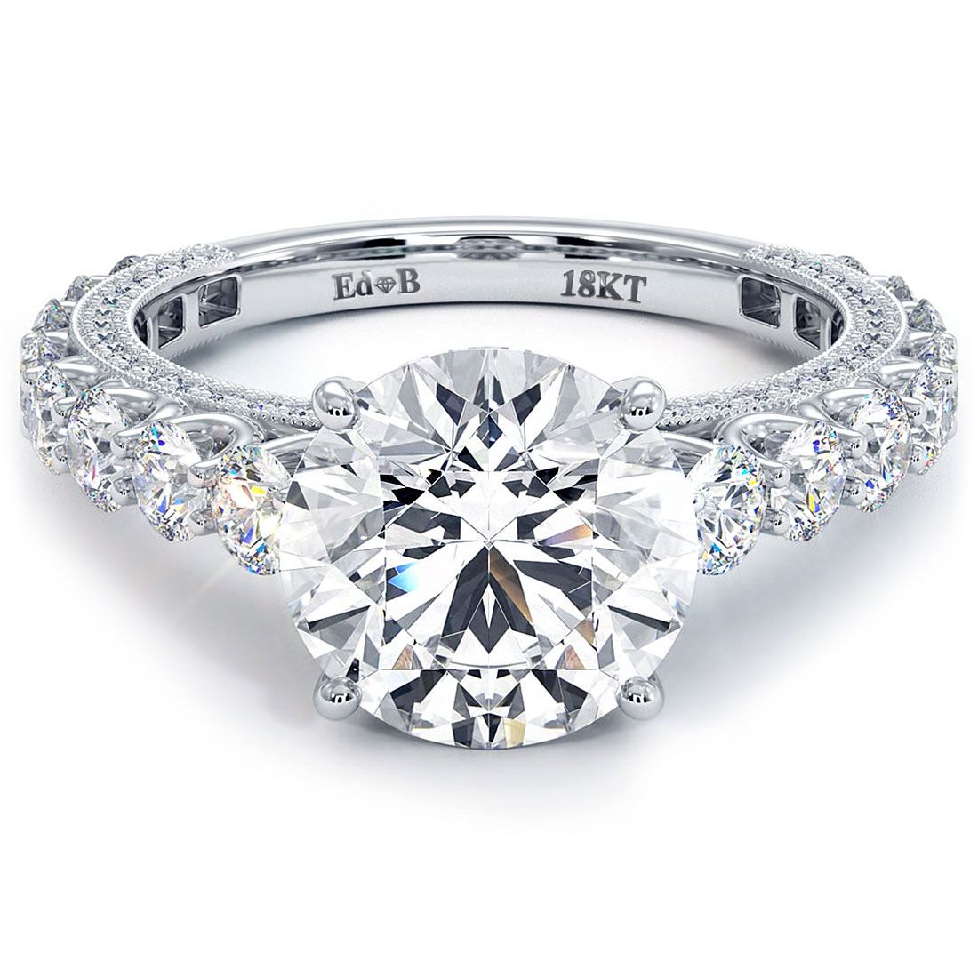 Round Center Micropave Graduated U Prong Diamond Engagement Ring Setting (Center Stone Not Included)