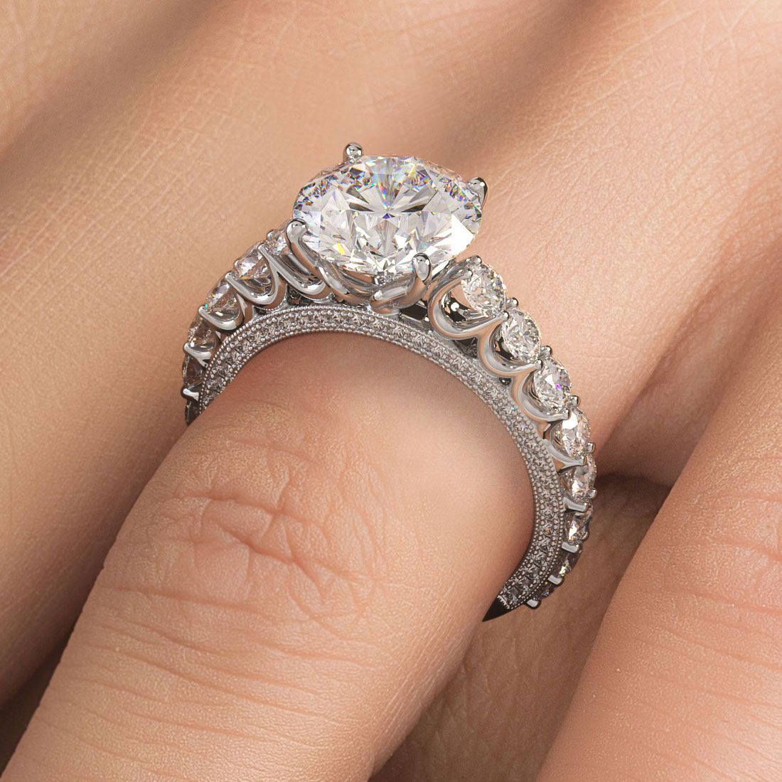 Round Center Micropave Graduated U Prong Diamond Engagement Ring Setting (Center Stone Not Included)