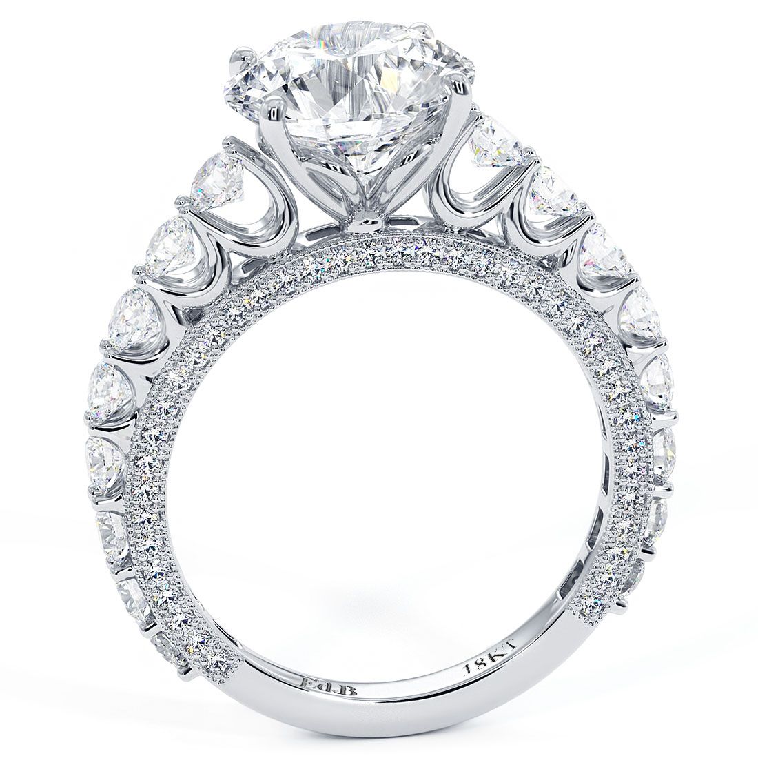 Round Center Micropave Graduated U Prong Diamond Engagement Ring Setting (Center Stone Not Included)