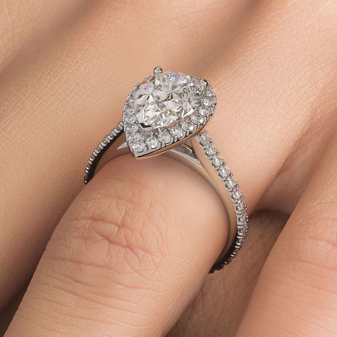 Pear Shape Halo Micropave Diamond Engagement Ring Setting (Center Stone Not Included)