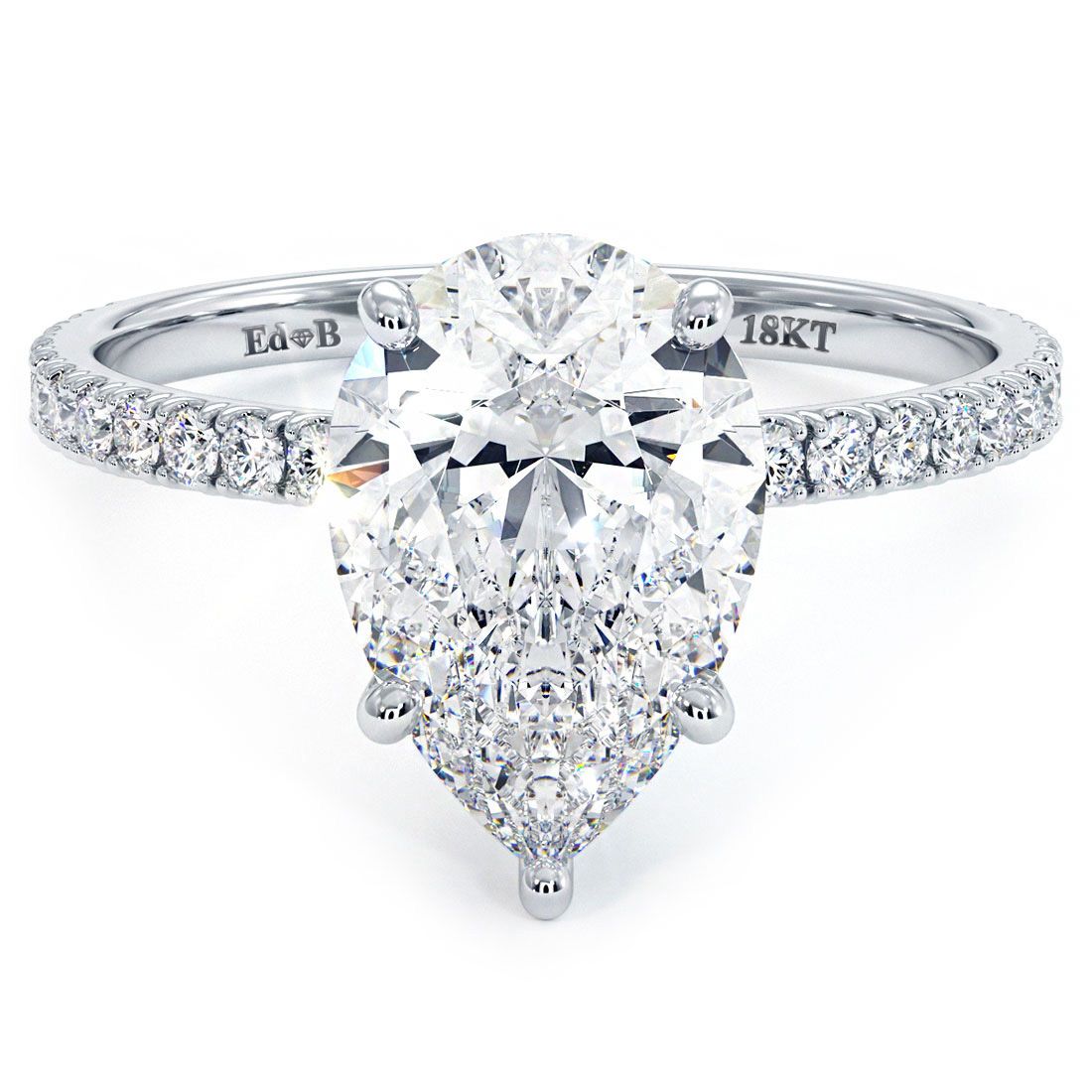 Pear Shape Hidden Halo, 5 Prongs Micropave Diamond Engagement Ring Setting (Center Stone Not Included)