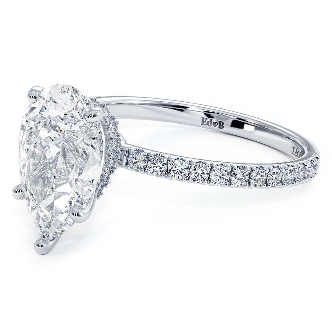 Pear Shape Hidden Halo, 5 Prongs Micropave Diamond Engagement Ring Setting (Center Stone Not Included)