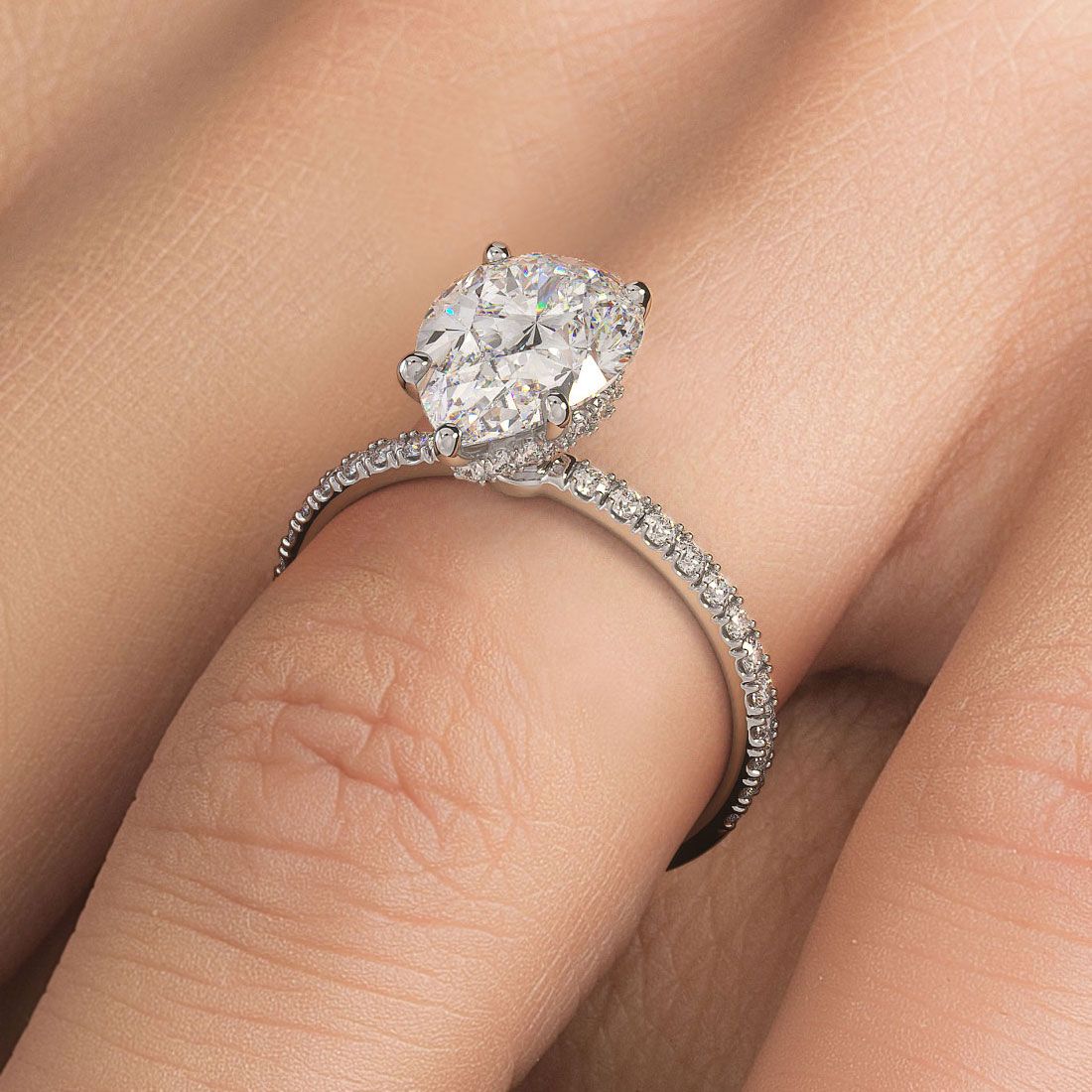 Pear Shape Hidden Halo, 5 Prongs Micropave Diamond Engagement Ring Setting (Center Stone Not Included)