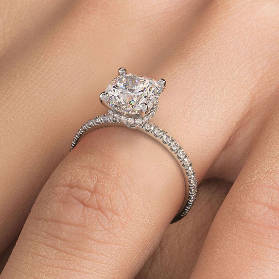 Cushion Hidden Halo Petite Micropave Diamond Engagement Ring Setting (Center Stone Not Included)