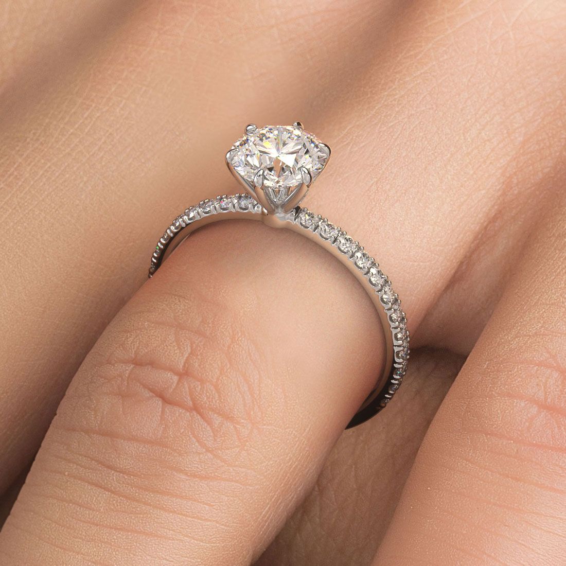 6 Prong Head, Petite Micropave Diamond Shank, Engagement Ring Setting (Center Stone Not Included)