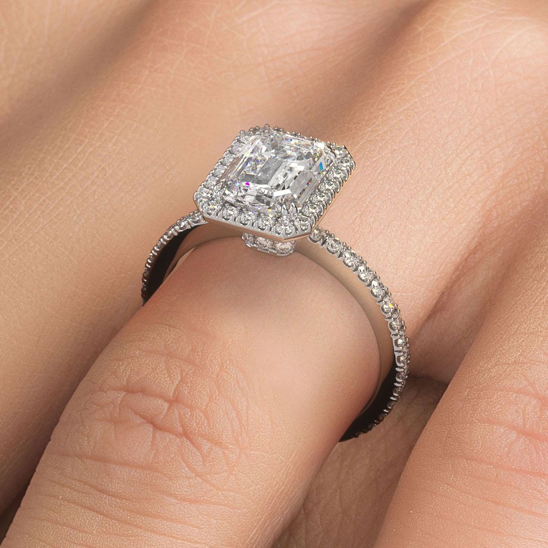 Radiant Cut Halo With Emerald Cut Center Micropave Diamond Engagement Ring Setting (Center Stone Not Included)