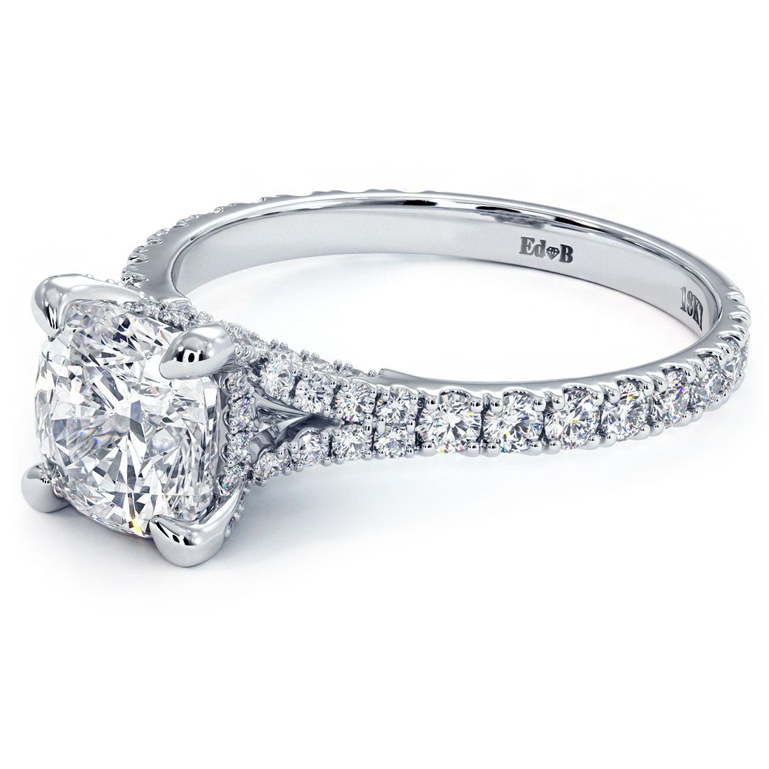 Cushion Cut Micropave Cathedral Split Shank Diamond Engagement Ring Setting (Center Stone Not Included)