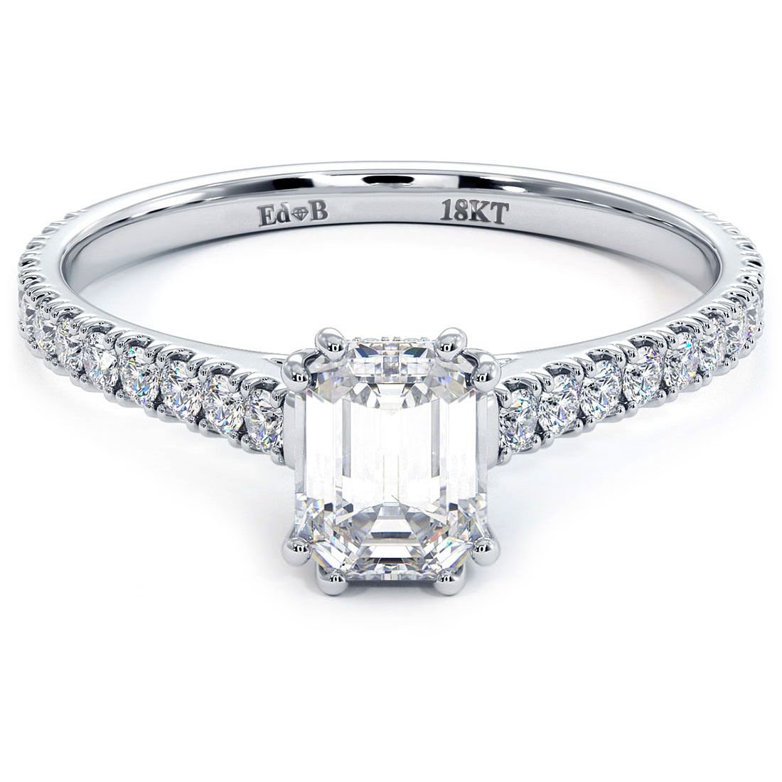 Emerald Cut Head, Double Prongs, Diamonds Under The Head, Petite Micropave Diamond Cathedral Shank, Engagement Ring Setting (Center Stone Not Included)