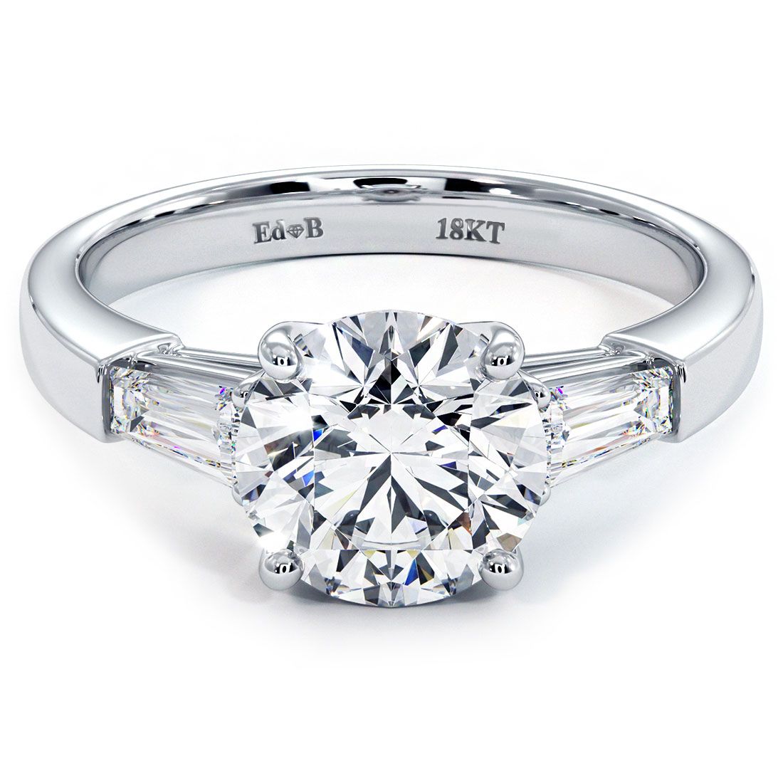 Round Center Head With 2 Tapered Baguettes On Sides Diamond Engagement Ring Setting (Center Stone Not Included)