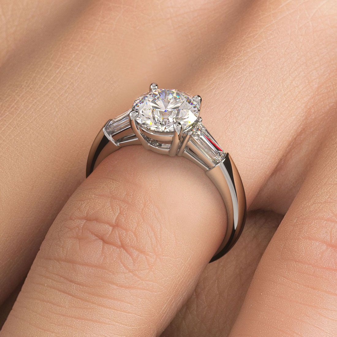 Round Center Head With 2 Tapered Baguettes On Sides Diamond Engagement Ring Setting (Center Stone Not Included)