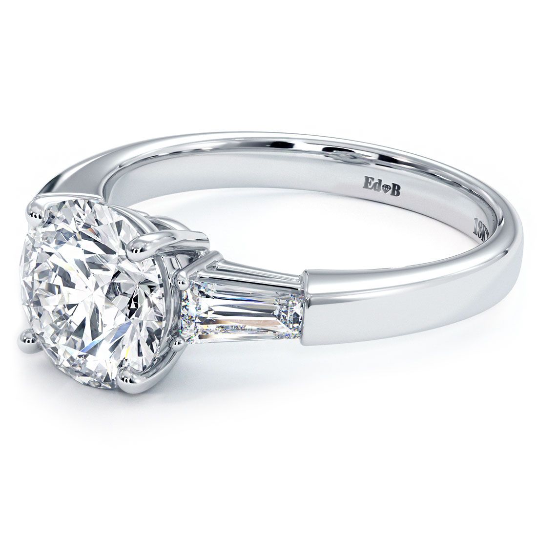 Round Center Head With 2 Tapered Baguettes On Sides Diamond Engagement Ring Setting (Center Stone Not Included)