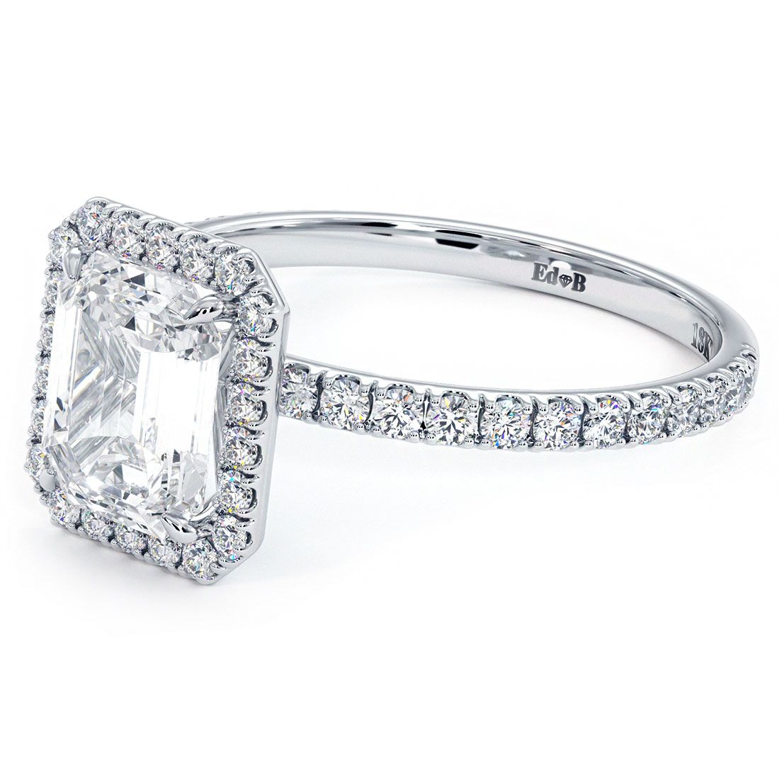 Radiant Halo Set With Emerald Cut Center Diamond Engagement Ring Setting (Center Stone Not Included)