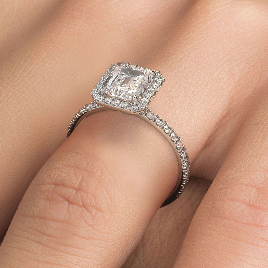 Radiant Halo Set With Emerald Cut Center Diamond Engagement Ring Setting (Center Stone Not Included)