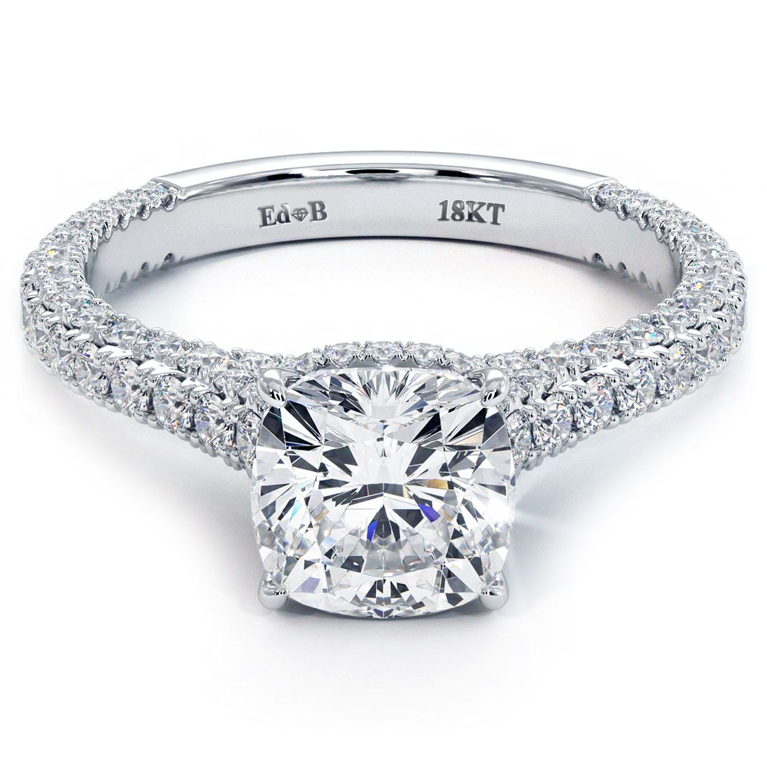 Cushion Hidden Halo Three Sided Micropave Shank Diamond Engagement Ring Setting (Center Stone Not Included)