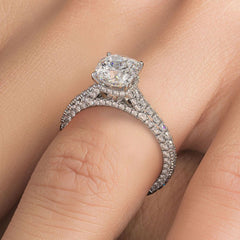 Cushion Hidden Halo Three Sided Micropave Shank Diamond Engagement Ring Setting (Center Stone Not Included)