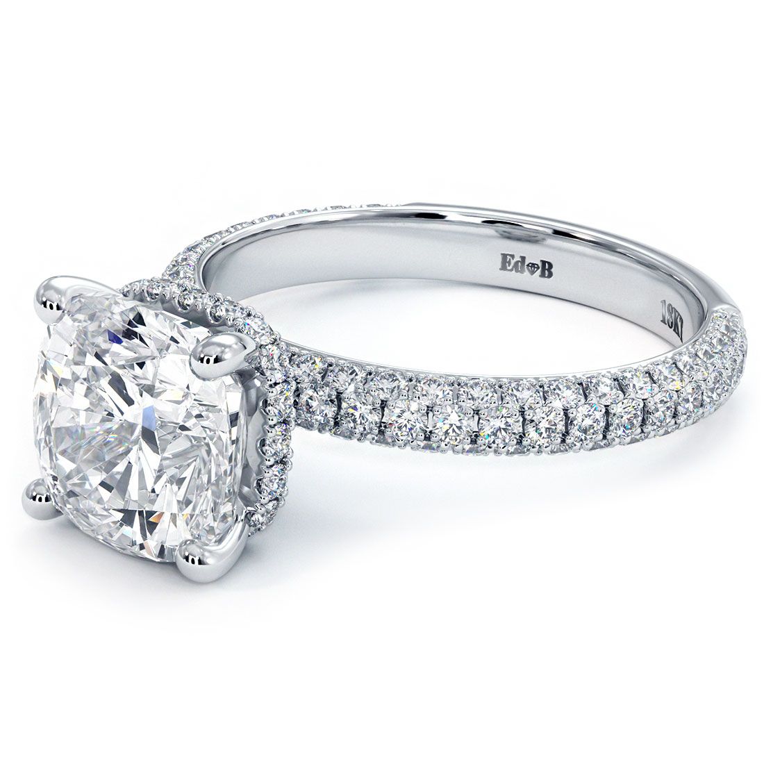 Cushion Cut Hidden Halo 3 Sided Micropave Diamond Engagement Ring Setting (Center Stone Not Included)