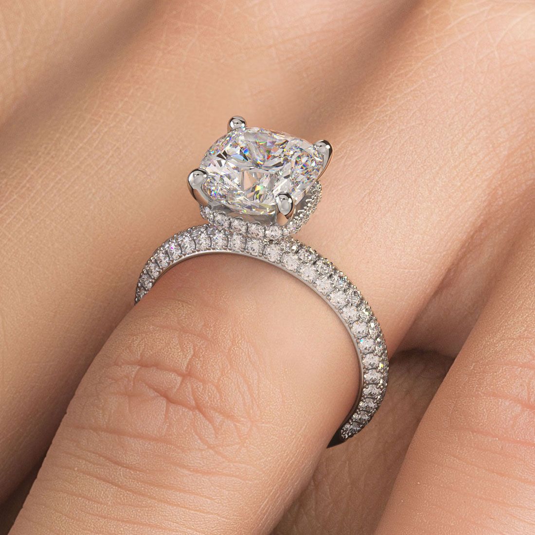 Cushion Cut Hidden Halo 3 Sided Micropave Diamond Engagement Ring Setting (Center Stone Not Included)