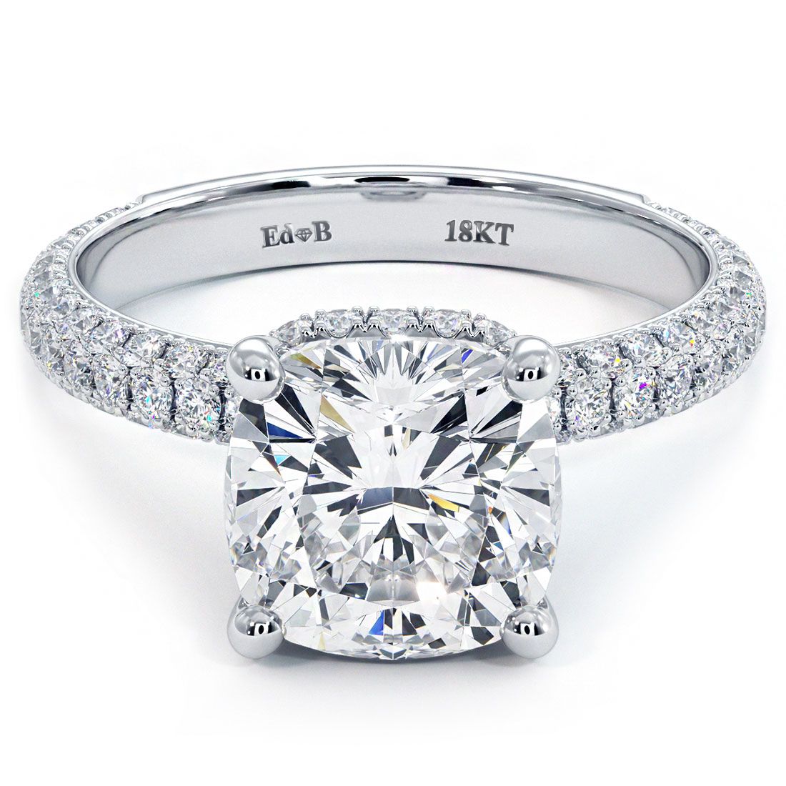 Cushion Cut Hidden Halo 3 Sided Micropave Diamond Engagement Ring Setting (Center Stone Not Included)