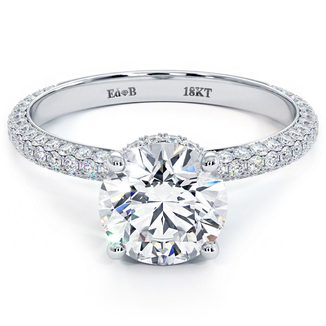 Round Hidden Halo, 3 Sided Micropave Diamond Engagement Ring Setting (Center Stone Not Included)