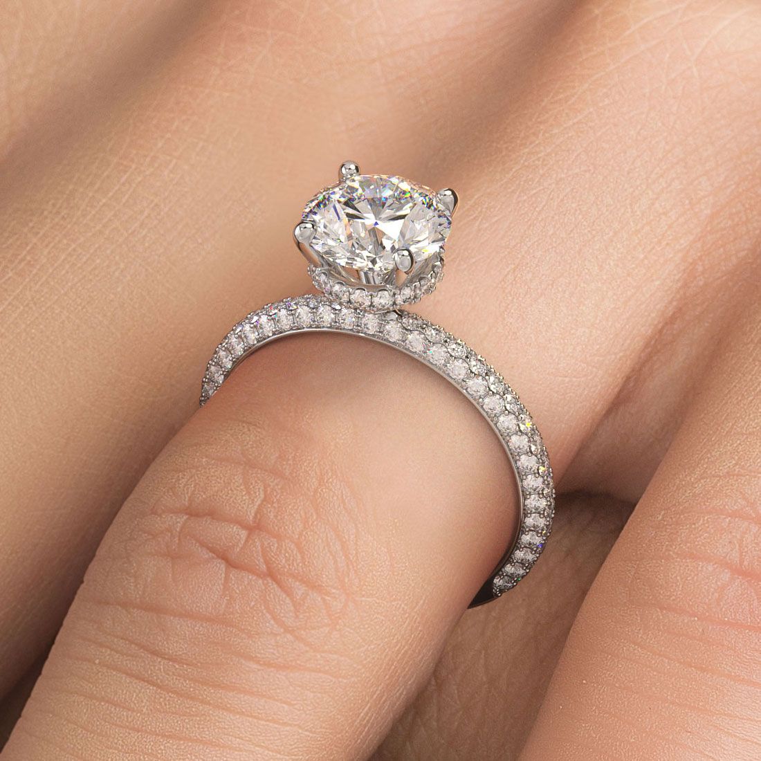 Round Hidden Halo, 3 Sided Micropave Diamond Engagement Ring Setting (Center Stone Not Included)