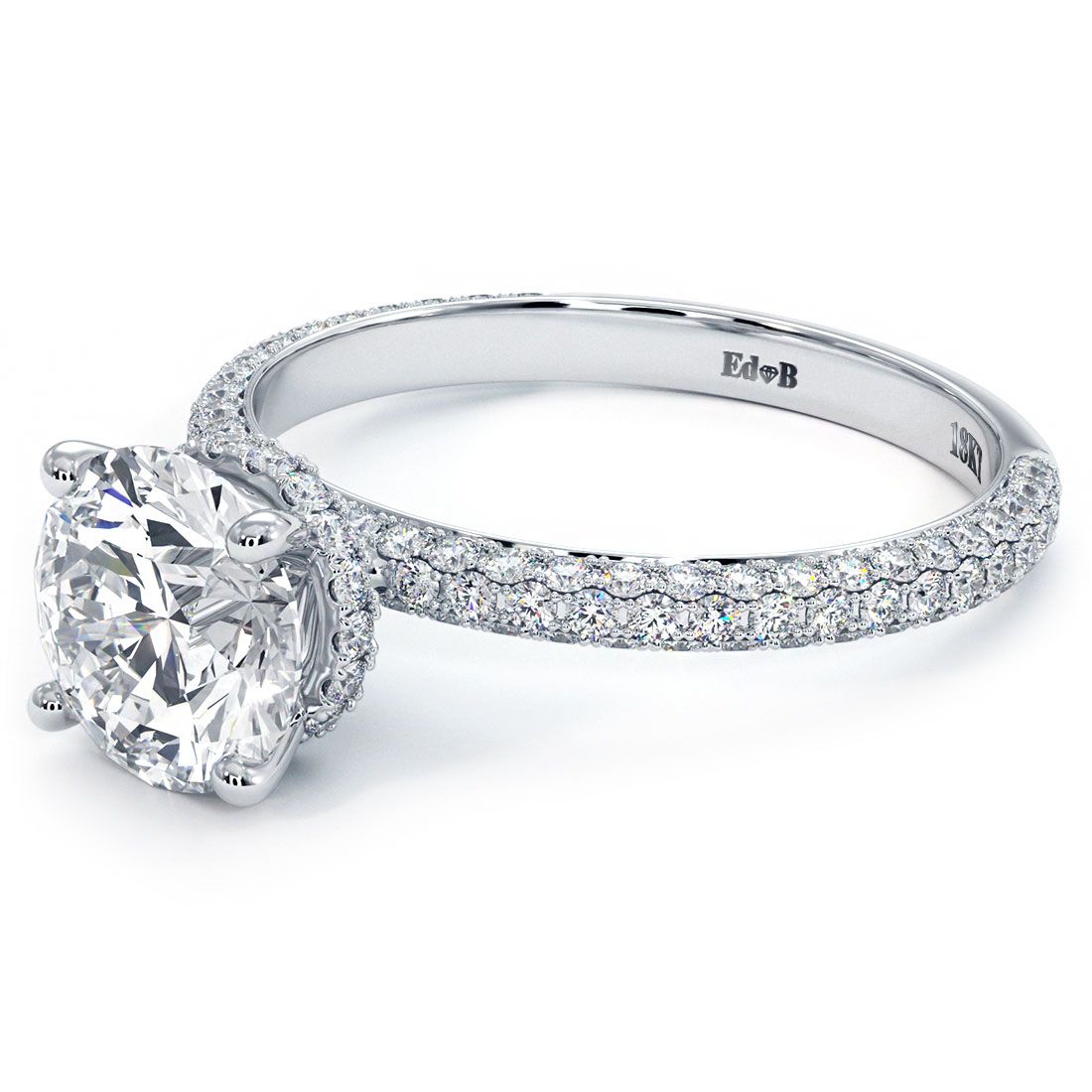 Round Hidden Halo, 3 Sided Micropave Diamond Engagement Ring Setting (Center Stone Not Included)