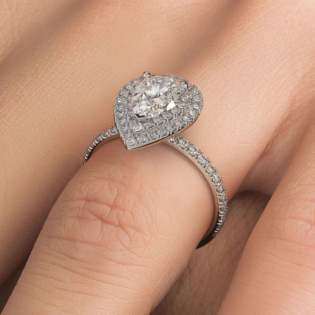 Pear Shape Double Halo With 3 Prongs Diamond Engagement Ring Setting (Center Stone Not Included)