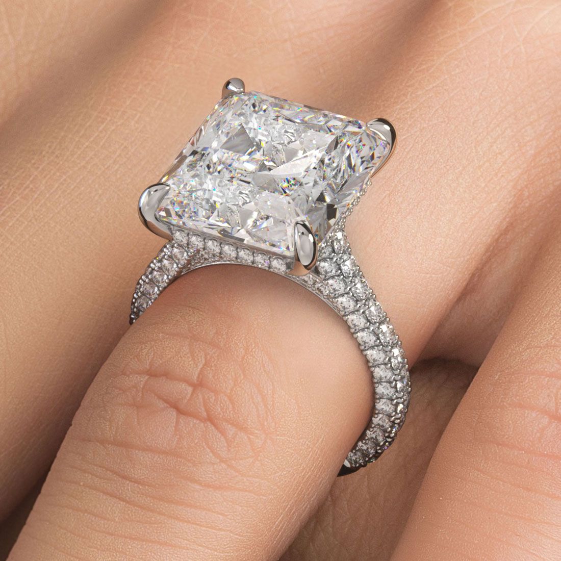 Radiant Cut Hidden Halo Basket Head With 3 Sided Micropave Diamond Engagement Ring (Center Stone Not Included)