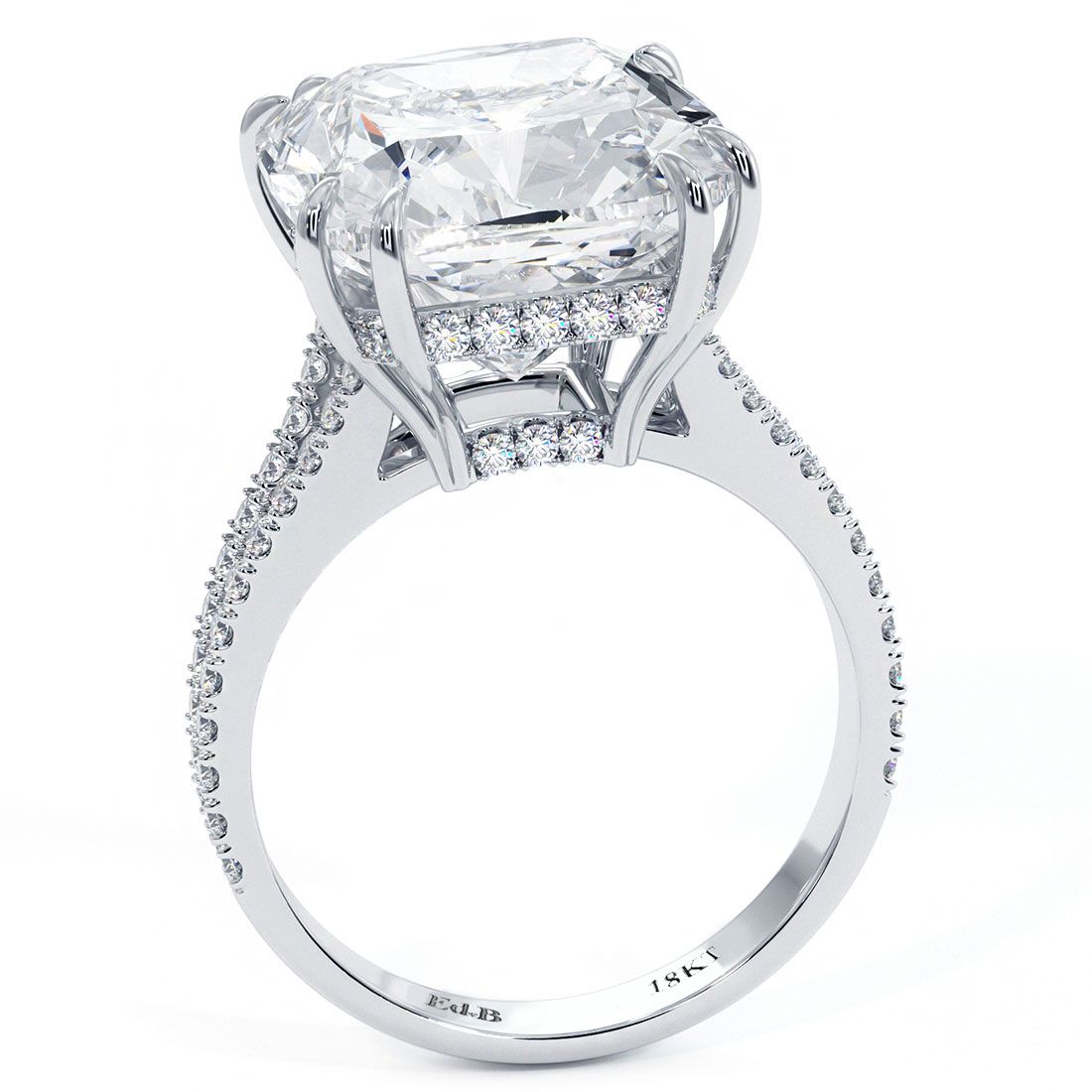 Long Cushion Cut Hidden Halo Basket Head, Double Prongs, Split Shank Diamond Engagement Ring Setting (Center Stone Not Included)